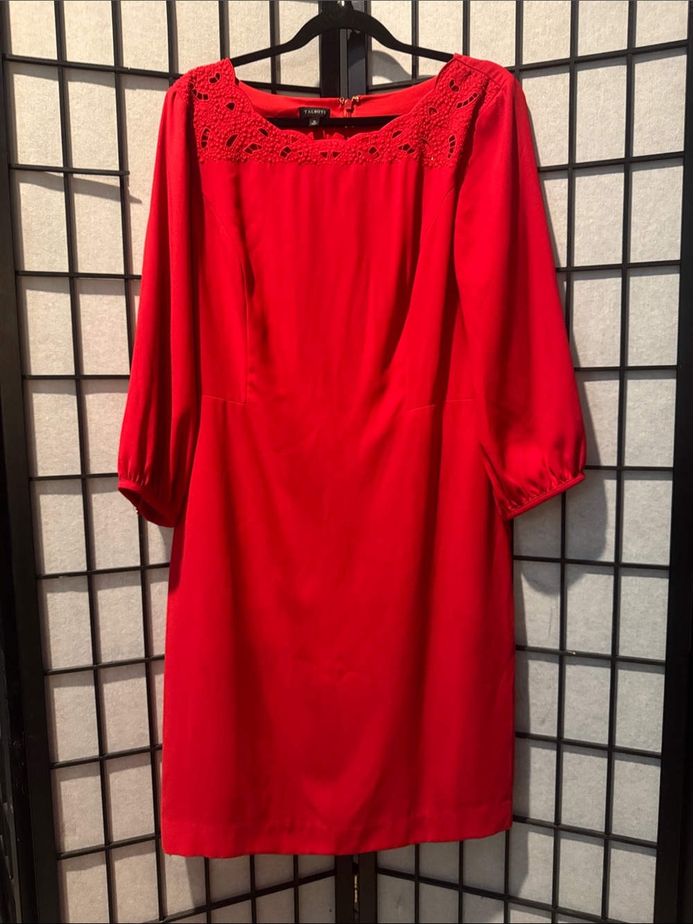 Talbots Red Crochet Yoke Long-Sleeve Shift Dress